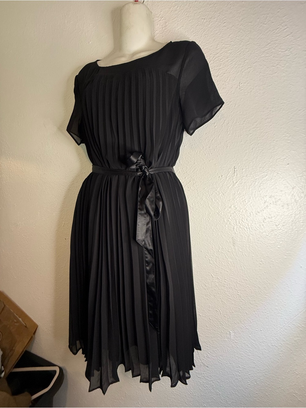 DKNY Black Pleated Midi Dress with Satin Waist Tie